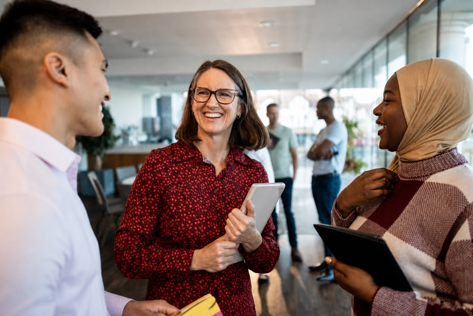 Three people smiling and talking 